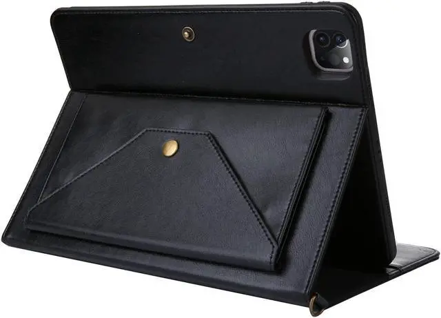 Alt view image 2 of 5 - iPad Pro 12.9 inch 2022/2021/2020/2018 PU Leather Case with Apple Pencil Holder Auto Wake/Sleep Shoulder Strap for iPad Pro 12.9 5th/4th/3rd Generation (Black)