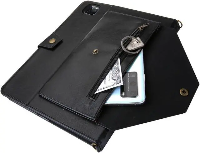 Alt view image 5 of 5 - iPad Pro 12.9 inch 2022/2021/2020/2018 PU Leather Case with Apple Pencil Holder Auto Wake/Sleep Shoulder Strap for iPad Pro 12.9 5th/4th/3rd Generation (Black)