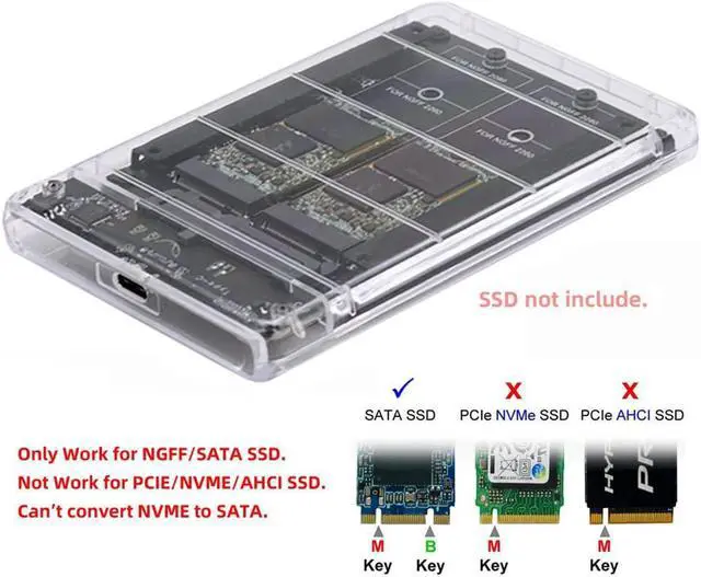Alt view image 3 of 5 - NFHK Dual NGFF B+M-Key M.2 SSD Card JOBD Raid0 Span Bridge to USB3.0 Type-C USB-C 2.5inch SATA Combo Enclosure