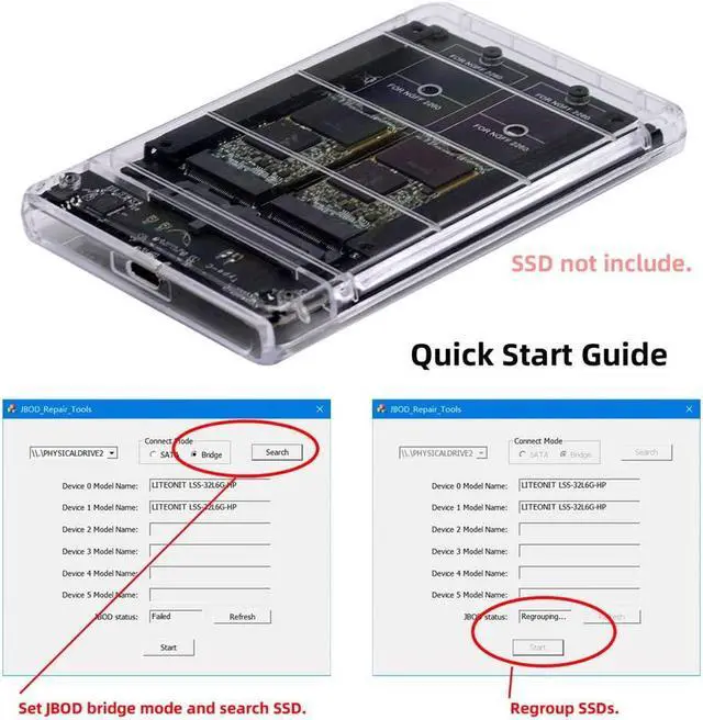 Alt view image 4 of 5 - NFHK Dual NGFF B+M-Key M.2 SSD Card JOBD Raid0 Span Bridge to USB3.0 Type-C USB-C 2.5inch SATA Combo Enclosure