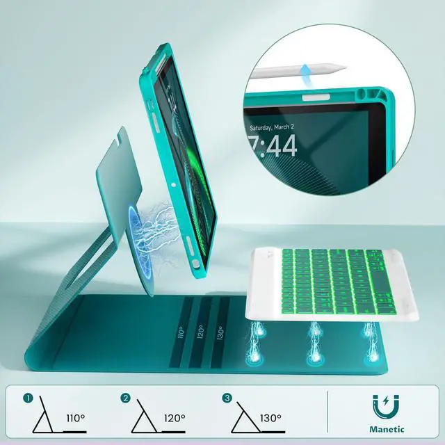 Alt view image 4 of 5 - OYEEICE for iPad 9th Generation Case with Keyboard - Detachable Wireless Backlit Keyboard, Upgraded Magnetic Cover with Pencil Holder for iPad 9th/8th/7th Gen, iPad Pro 10.5" & iPad Air 3rd Gen - Teal