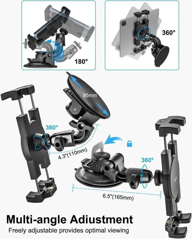 Alt view image 4 of 5 - woleyi Windshield Car Tablet Mount - [95mm Glass Suction Cup] Window Dashboard Tablet Holder for Car with 1/4'' Screw Thread & Sticky Pads, for iPad Pro Air Mini, Galaxy, Camera, Gopro, 4-13" Devices