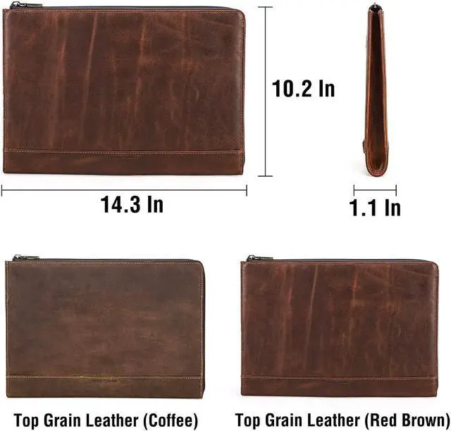 Alt view image 4 of 5 - CataPurus Top Grain Leather 14.2" Slim Laptop 90deg Zipper Bag, Vintage Design, Handmade, Compatible with MacBook Pro/Air 14"/13.3"/13.6" 2021 2022 M1 Pro/M1 Max A2442 & Other Laptop, Coffee 14.2 Inch
