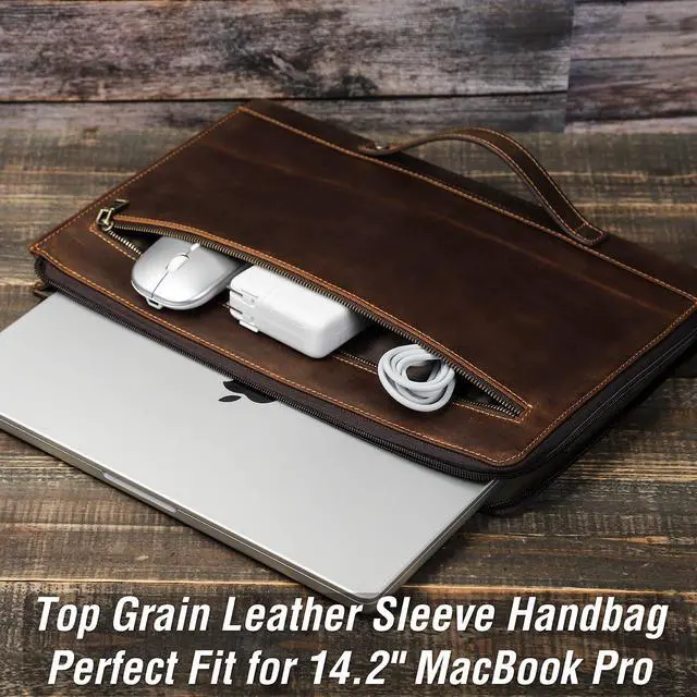 Alt view image 3 of 5 - CataPurus Top Grain Leather 14.2" Slim Laptop 90deg Zipper Bag, Vintage Design, Handmade, Compatible with MacBook Pro/Air 14"/13.3"/13.6" 2021 2022 M1 Pro/M1 Max A2442 & Other Laptop, Coffee 14.2 Inch