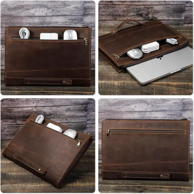 Alt view image 2 of 5 - CataPurus Top Grain Leather 14.2" Slim Laptop 90deg Zipper Bag, Vintage Design, Handmade, Compatible with MacBook Pro/Air 14"/13.3"/13.6" 2021 2022 M1 Pro/M1 Max A2442 & Other Laptop, Coffee 14.2 Inch
