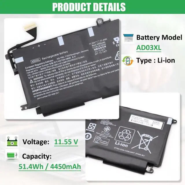 Alt view image 2 of 5 - RHKRKQN AD03XL 921439-855 Laptop Battery Replacement for HP Envy 13-AD000 13-AD002NG 13-AD101TX 13-AD104TX 13-AD108TX 13-AD109TX Series 921409-2C1 921409-271 HSTNN-DB8D 11.55V 51.4Wh 4450mAh