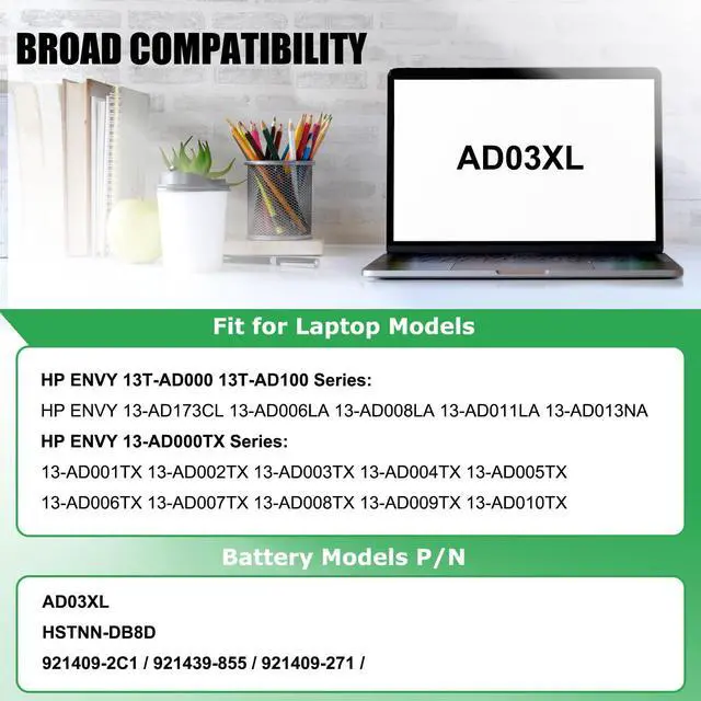 Alt view image 3 of 5 - RHKRKQN AD03XL 921439-855 Laptop Battery Replacement for HP Envy 13-AD000 13-AD002NG 13-AD101TX 13-AD104TX 13-AD108TX 13-AD109TX Series 921409-2C1 921409-271 HSTNN-DB8D 11.55V 51.4Wh 4450mAh