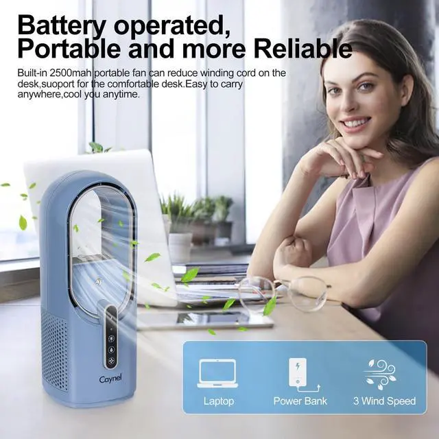 Alt view image 2 of 5 - CAYNEL Desktop Fan, 11.8 Inch Portable Bladeless Desktop Personal Fan with 7 Colors Ambient Light, 3 Fan Speeds, Humidifier Electric Fan for Home, Office and Bedroom (Blue)