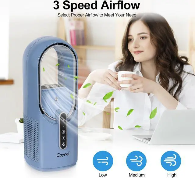 Alt view image 5 of 5 - CAYNEL Desktop Fan, 11.8 Inch Portable Bladeless Desktop Personal Fan with 7 Colors Ambient Light, 3 Fan Speeds, Humidifier Electric Fan for Home, Office and Bedroom (Blue)