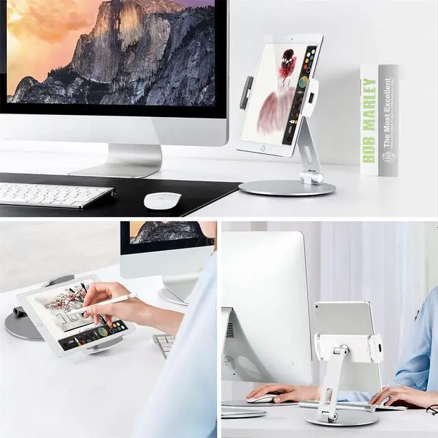 Alt view image 2 of 5 - Viozon Tablet Stand and Holders with Adjustable Range and Height Aluminum Stand Compatible with iPad/iPad pro/ipad Mini/Cellphone/Kindle Desk Holder fits 3.5-13inches, 360° Swivel Adjustable Base