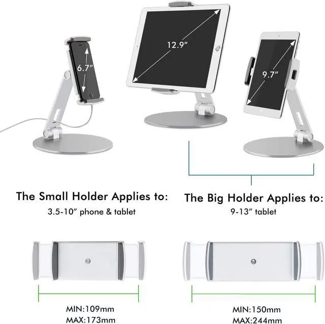 Alt view image 4 of 5 - Viozon Tablet Stand and Holders with Adjustable Range and Height Aluminum Stand Compatible with iPad/iPad pro/ipad Mini/Cellphone/Kindle Desk Holder fits 3.5-13inches, 360° Swivel Adjustable Base