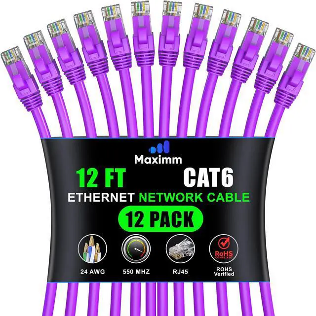 Main image of Maximm Cat 6 Ethernet Cable - 12 ft (12-Pack), High-Speed LAN, Internet, Patch, and Network Cable - UTP, 10Gbps, 550MHz Ethernet Cord - Purple