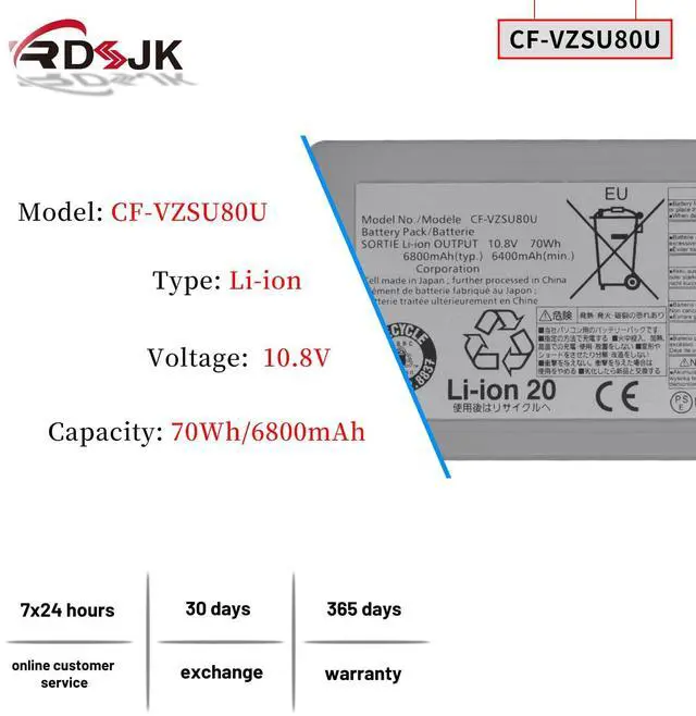 Alt view image 2 of 5 - RDSJ CF-VZSU80U CF-VZSU82U CF-VZSU83U VZSU80U Laptop Battery for Panasonic Toughbook CF-C2 CF-C2AECCHCE Tablet PC CFC2 Series 10.8V 70Wh 6800mAh