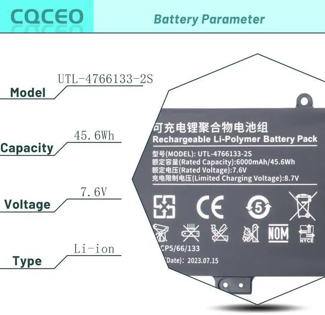 Alt view image 3 of 5 - CQCEO UTL-4766133-2S Battery for ONN Surf 100002434 100003497 Y1333W WU133W K1412W for Haier Leadpie M1 Tablet PC UTL-3978110-2s 7.6V/45.6Wh/6000mAh