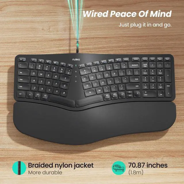Alt view image 3 of 5 - Nulea RT05C Wired Ergonomic Keyboard, Split Keyboard with Cushioned Wrist Rest, Adjustable Tilt Legs, Plug and Play, USB Corded, Compatible with Windows/Mac
