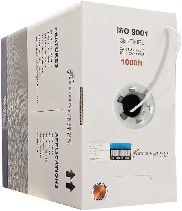 Main image of TSCables | Cat6 Plenum (CMP) 1000ft Cable, 23AWG | 100% Solid Bare Copper | 550MHz, PoE++ (4PPoE) | Unshielded Twisted Pair (UTP) Bulk Ethernet Cable, Available in 10 Colors (White, 1000ft)
