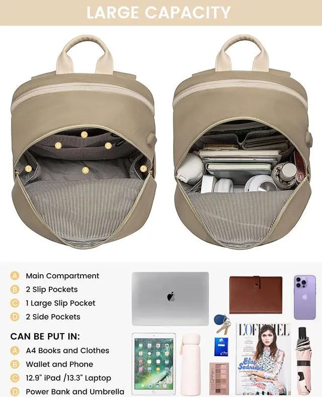 Alt view image 3 of 5 - LOVEVOOK Laptop Backpack for Women,15.6 Inch Fashion Travel Backpack,Large Capacity Backpack Purse with USB,Water-resistant fits College Work Business Travel (Beige & Brown)