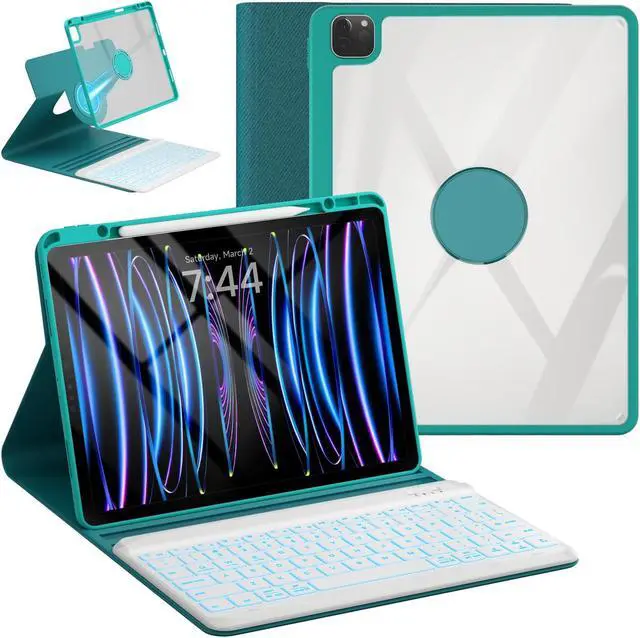 Main image of OYEEICE Keyboard Case for iPad Pro 12.9 inch 6th Gen 2022, 5th 2021, 4th 2020, Rotating Detachable Clear Cover with 7 Colorful Backlit Keyboard Wireless, Pencil Holder, Auto Wake/Sleep - Teal