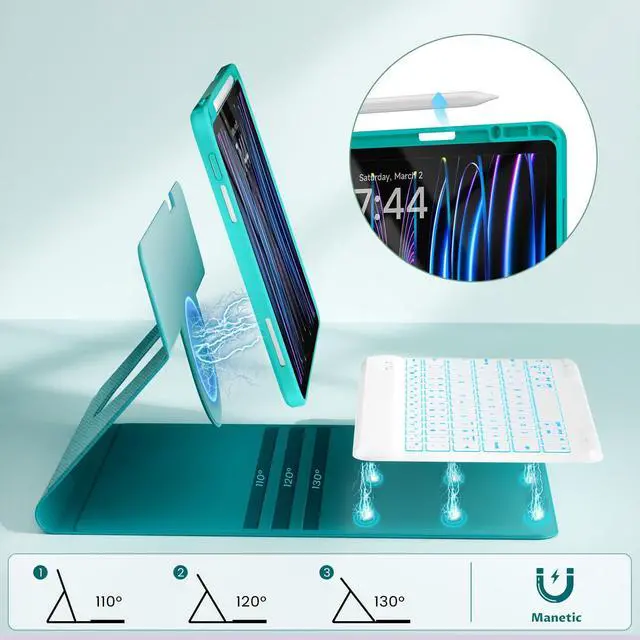 Alt view image 5 of 5 - OYEEICE Keyboard Case for iPad Pro 12.9 inch 6th Gen 2022, 5th 2021, 4th 2020, Rotating Detachable Clear Cover with 7 Colorful Backlit Keyboard Wireless, Pencil Holder, Auto Wake/Sleep - Teal