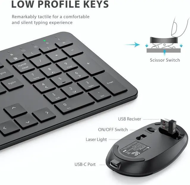 Alt view image 4 of 5 - iClever Wireless Keyboard and Mouse, GK08 Rechargeable Keyboard Mouse Combo, Ergonomic, Quiet, Full Size Design with Number Pad, 2.4G Connection for Mac, Windows and Computer