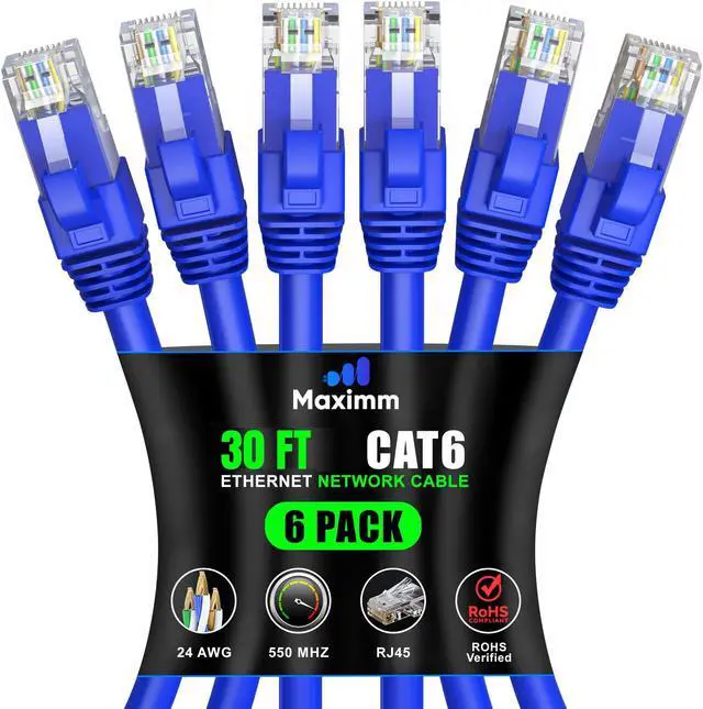 Main image of Maximm Cat 6 Ethernet Cable 30 ft (6-Pack) - High-Speed LAN Cable, Internet Cable, Patch Cable, and Network Cable - UTP, 10Gbps, 550MHz Ethernet Cord - Blue