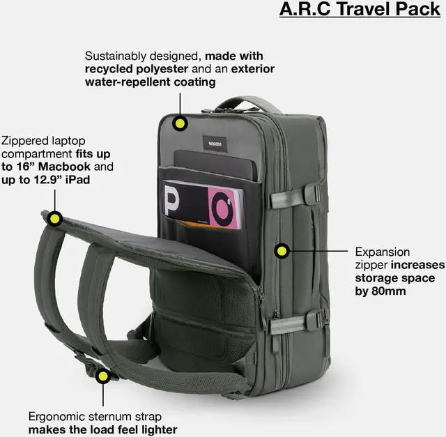 Alt view image 4 of 5 - A.R.C. Travel Pack - ReSpun 100% Recycled Polyester, 38L Backpack, RFID-Blocking, Shoe Compartment, Expansion Zipper, Ergonomic Straps, Laptop Compartment for 16 PC/Mac, Travel Pass Through - Black
