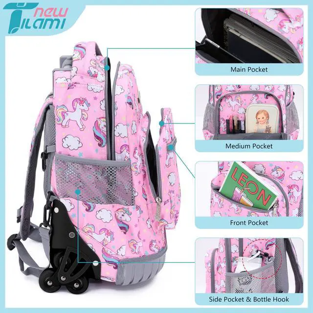 Alt view image 3 of 5 - NEW TILAMI 16 Inches Kid Rolling Backpack for Kids Adjustable Laptop Suitcase Backpack with Wheels for Girls to School Travel Camping Boys Rolling Backpack Cute Unicorn