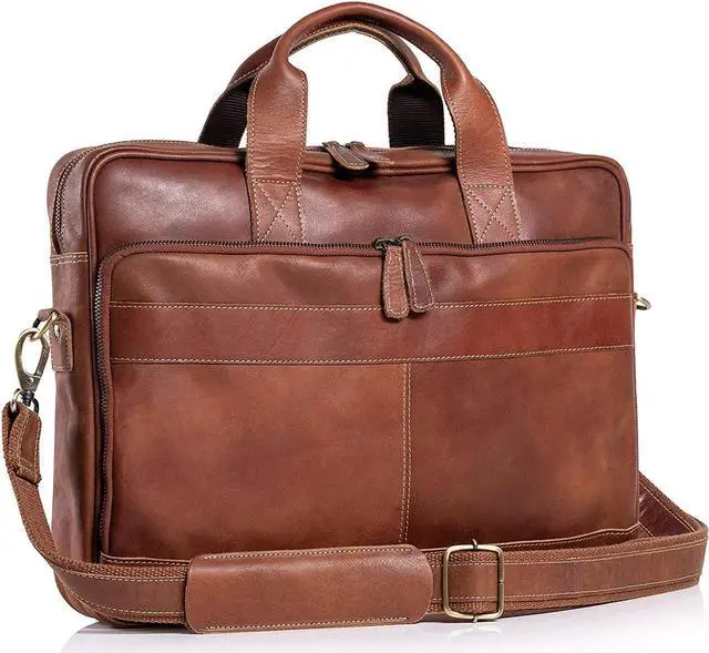 Main image of Leather briefcase 18 Inch Laptop Messenger Bags for Men and Women Best Office briefcase Satchel Bag (Tan)