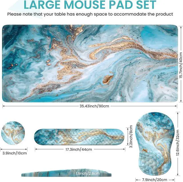 Alt view image 2 of 5 - Anyshock Desk Mat for Keyboard and Mouse, Large Mouse Pad with Wrist Rest and Keyboard Pad, 4PCS Carpal Tunnel Keyboard Wrist Support, Computer Mousepad for Laptop, Teal Blue Turquoise Marble