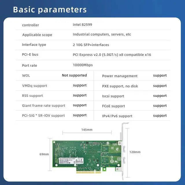 Alt view image 3 of 5 - Buacoz PCI-E X8 10G Dual SFP+ Port Fiber Optic Network Card, X520-DA2 with Intel 82599 Chip Ethernet Adapter Server E10G42BF Support Windows Server/Linux/VMware
