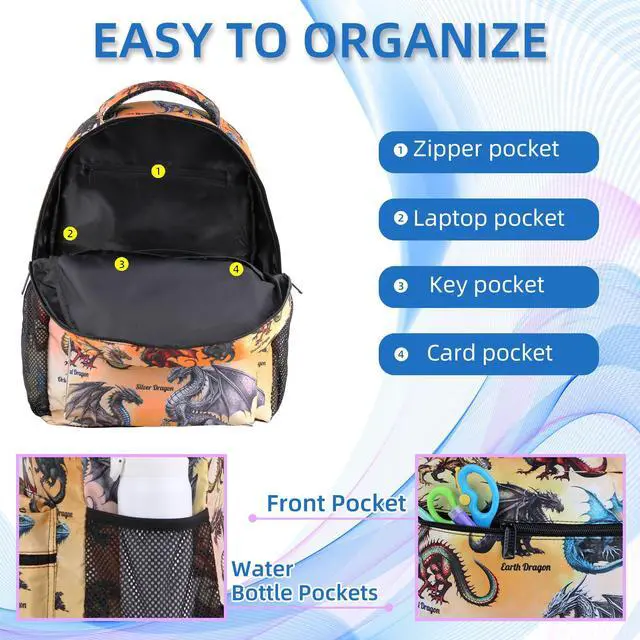 Alt view image 5 of 5 - Catilo Dragon Backpack for Boys Girls, Elementary Middle High School Bookbags for Teen Kids, Large Travel Laptop Back Packs for College Students Women Men, Durable Lightweight School Bags