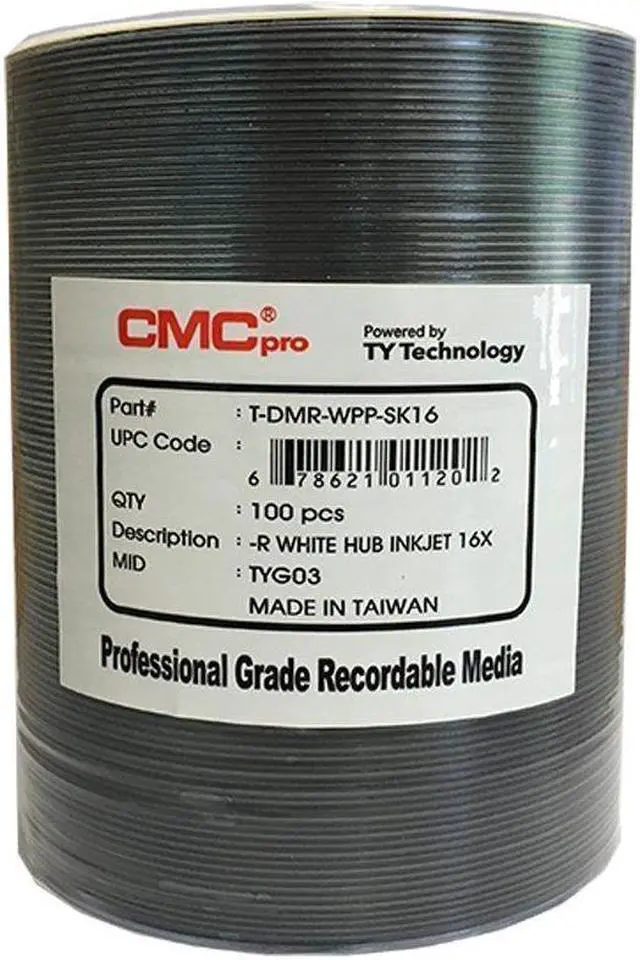 Main image of CMC Pro - Powered by TY Technology 16x White Inkjet Hub Printable 4.7GB DVD in Tape Wrap - 100 Pack