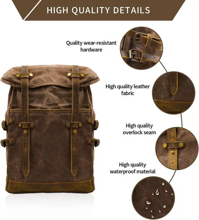 Alt view image 4 of 5 - CRUITBILI Waxed Canvas Leather Hiking Travel Waterproof Backpack For College Weekend Travel Fit 15in laptops (Coffee)