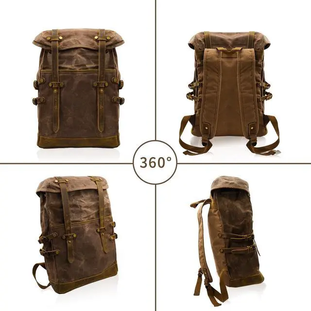 Alt view image 3 of 5 - CRUITBILI Waxed Canvas Leather Hiking Travel Waterproof Backpack For College Weekend Travel Fit 15in laptops (Coffee)