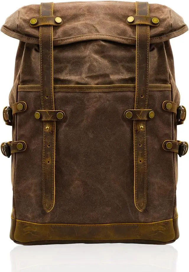 Main image of CRUITBILI Waxed Canvas Leather Hiking Travel Waterproof Backpack For College Weekend Travel Fit 15in laptops (Coffee)