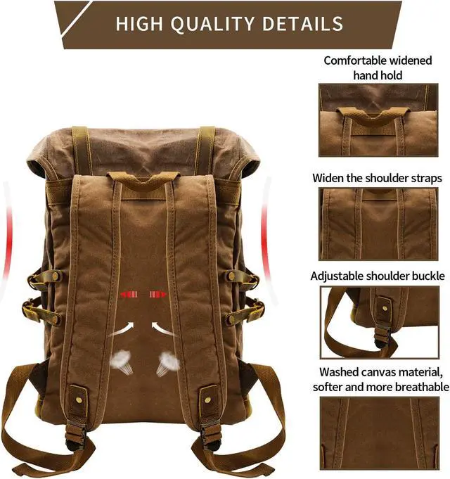 Alt view image 5 of 5 - CRUITBILI Waxed Canvas Leather Hiking Travel Waterproof Backpack For College Weekend Travel Fit 15in laptops (Coffee)