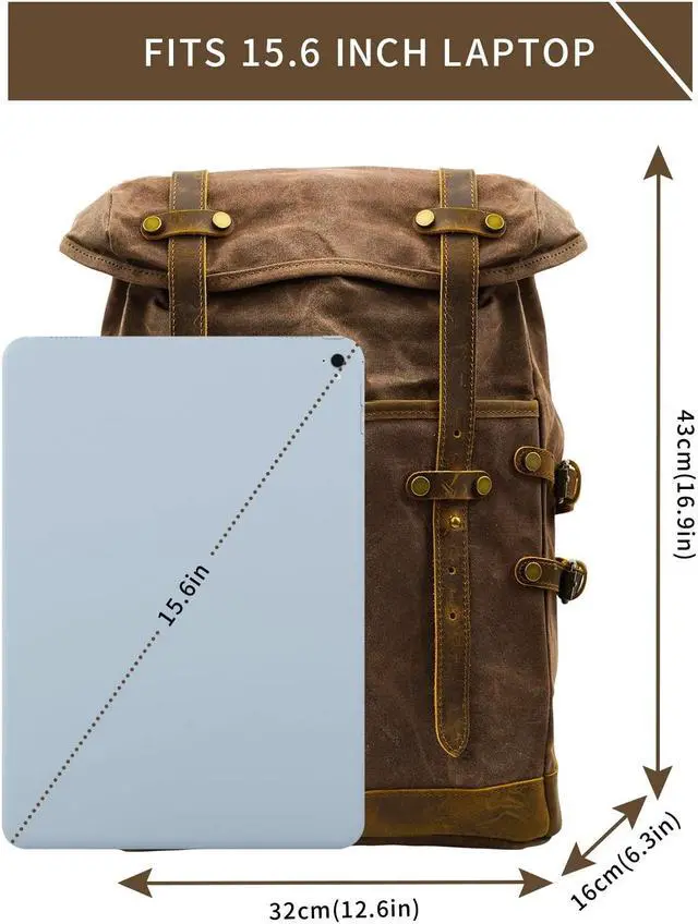 Alt view image 2 of 5 - CRUITBILI Waxed Canvas Leather Hiking Travel Waterproof Backpack For College Weekend Travel Fit 15in laptops (Coffee)