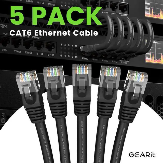 Alt view image 2 of 5 - GEARit Cat 6 Ethernet Cable Pack - 5-Pack 20 ft Cat6 Ethernet Patch Cables | RJ45 Network Patch Cable, 10 Gbps Snagless Gold-Plated Connectors - Ethernet Cable Cat 6 for PC, TV, Router - Black