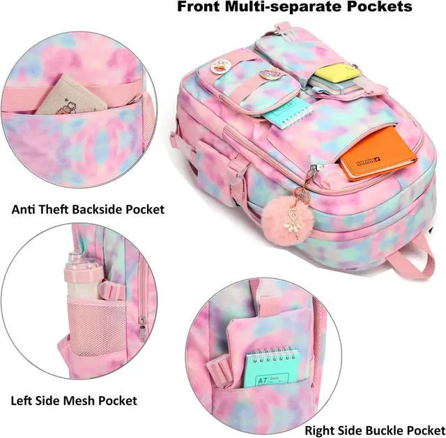 Alt view image 4 of 5 - Hidds Laptop Backpacks 16 Inch School Bag College Backpack Anti Theft Travel Casual Daypack Bags Cute Bookbags Large Colorfull Carry on Back Pack for Teens Girls Women Students (Tie-Dye Pink)