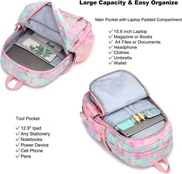 Alt view image 3 of 5 - Hidds Laptop Backpacks 16 Inch School Bag College Backpack Anti Theft Travel Casual Daypack Bags Cute Bookbags Large Colorfull Carry on Back Pack for Teens Girls Women Students (Tie-Dye Pink)