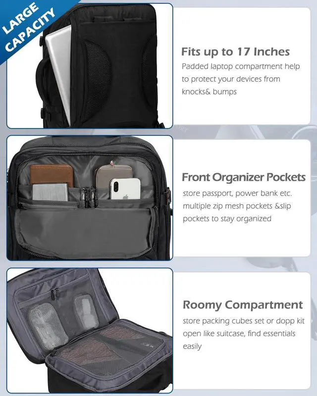 Alt view image 2 of 5 - Hynes Eagle 44L Carry on Backpack Airline Approved Travel Backpack for Men Women Large Laptop Backpack 17 inch Nylon Backpack Overnight Weekender Duffel Bag Black with Grey
