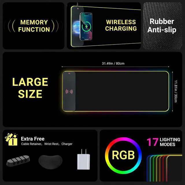 Alt view image 2 of 5 - RGB Mouse Pad,10w Wireless Charging Mouse Pad with Charger,Gaming Mouse Pad with Wrist Rest,17colors Wireless Charging RGB Gaming Mouse Pad with Cable Retainer