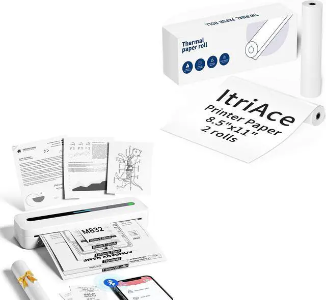 Main image of ItriAce M832 Portable Printer, 300DPI Wireless Bluetooth Thermal Printer, Support Multi-Size Thermal Paper with Portable Printer Thermal Paper 2 Rolls
