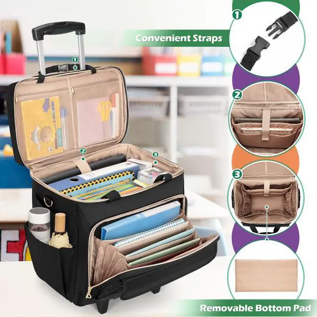 Alt view image 2 of 5 - LUXJA Rolling Teacher Bag with Laptop Compartment and Detachable Dolly, Multifunctional Rolling Briefcase with Accordion File Area (Patent Pending), Black