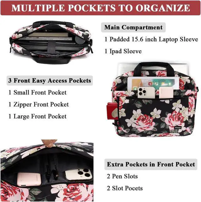 Alt view image 5 of 5 - RAVUO Floral Laptop Bag for Women, Water Resistant 15.6 inch Shockproof Shoulder Bag Sleeve Case Business Briefcase with Shoulder Strap
