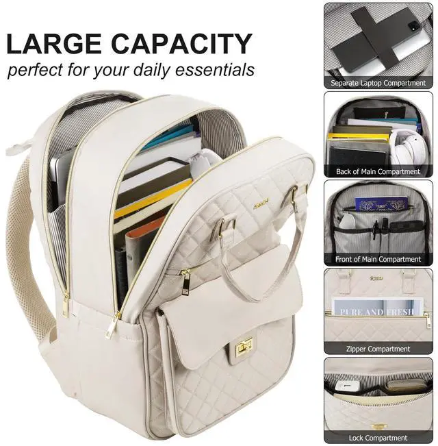 Alt view image 2 of 5 - RJEU Girls Laptop Backpacks 15.6 Inch,Large Capacity School Bag College Backpack with USB Charging Port,Fashion Bookbags Computer Bag for Teens Students,Off-white