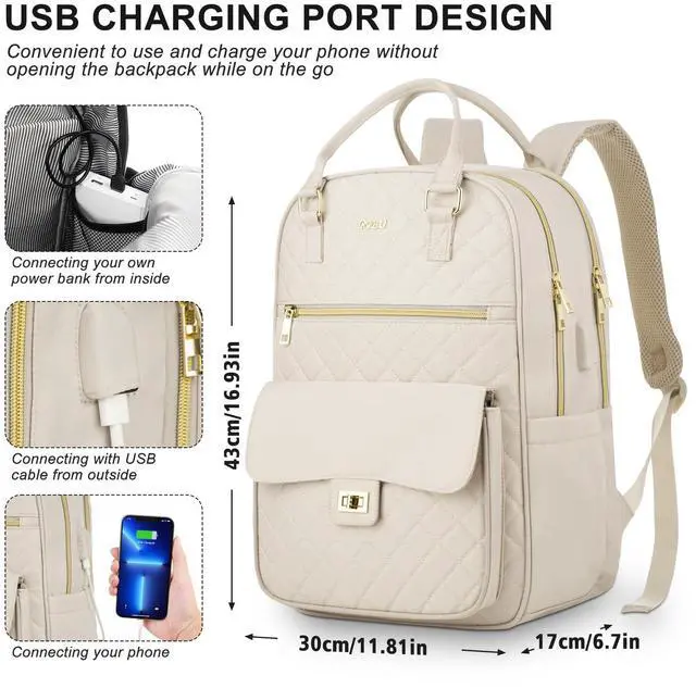 Alt view image 4 of 5 - RJEU Girls Laptop Backpacks 15.6 Inch,Large Capacity School Bag College Backpack with USB Charging Port,Fashion Bookbags Computer Bag for Teens Students,Off-white
