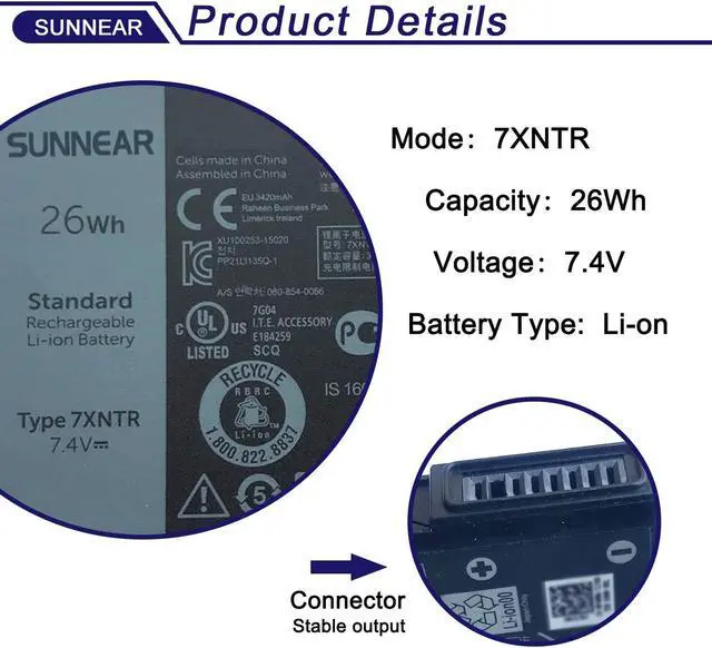 Alt view image 2 of 5 - SUNNEAR 7XNTR J7HTX Laptop Battery Compatible with Dell Latitude 12 7202 7212 Rugged Extreme Tablet Series Notebook 07XNTR FH8RW 0FH8RW 7.4V 26Wh 3420mAh 2-Cell