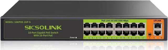 Main image of 18 Ports PoE Switch, 16 Gigabit PoE+Switch with 2 Gigabit Uplink, 1000 Mbps, Fanless Silent Operation, 250W, 802.3 af/at, Unmanaged, 19''Rackmount, Qos, Suitable for POE Camera System, AP, WiFi