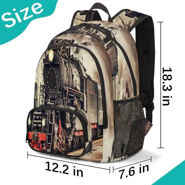 Alt view image 2 of 5 - TropicalLife Vintage Steam Train Bookbag 18 Inch School Backpack Teens Girls Boys Schoolbag Shoulder Computer Hiking Gym Travel Casual Travel Daypack